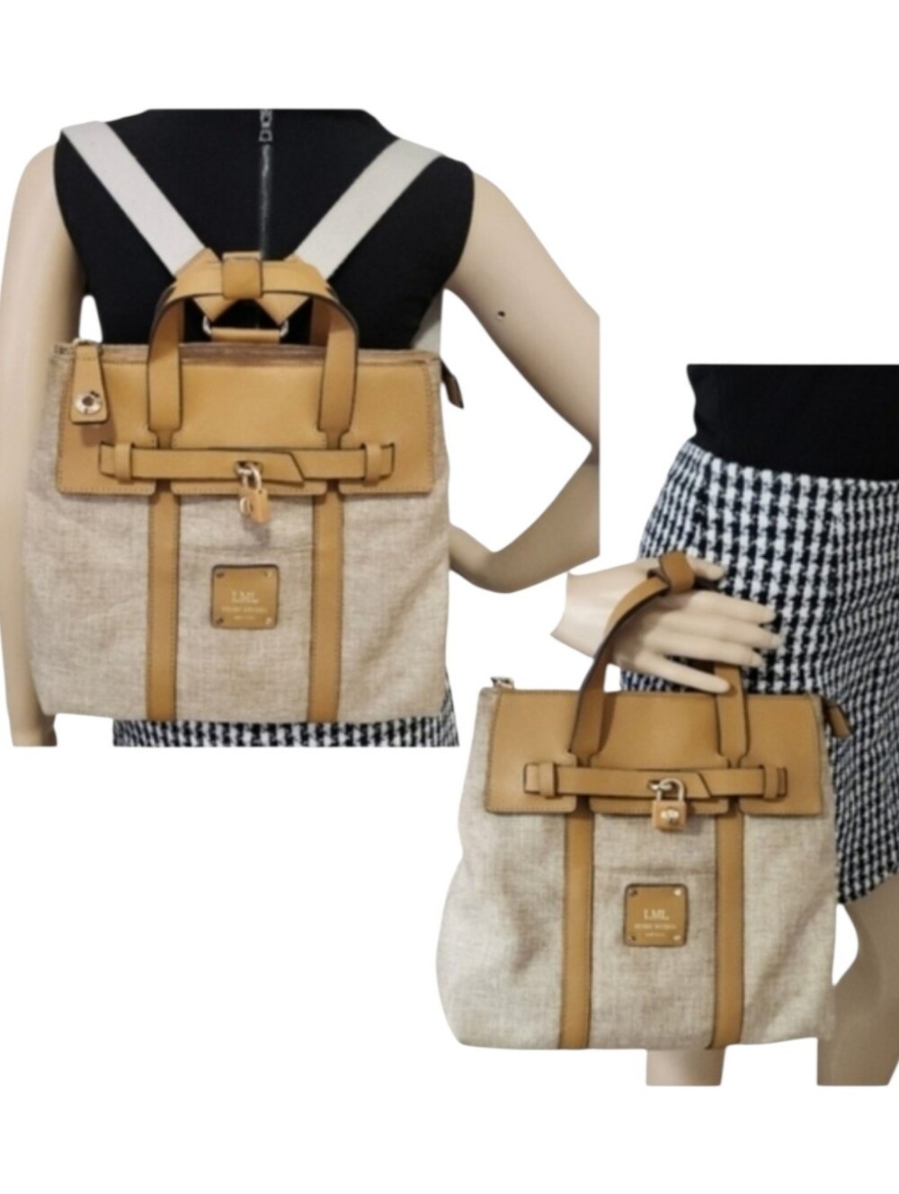 Vintage Henri Bendel Jetsetter 3 in 1 Tan Canvas Saffron Leather Backpack Bag